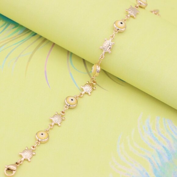"Rose Gold Turtle & Yellow Evil Eye Bracelet, Cute Protective Design, XPBL0744 - Picture 3 of 12